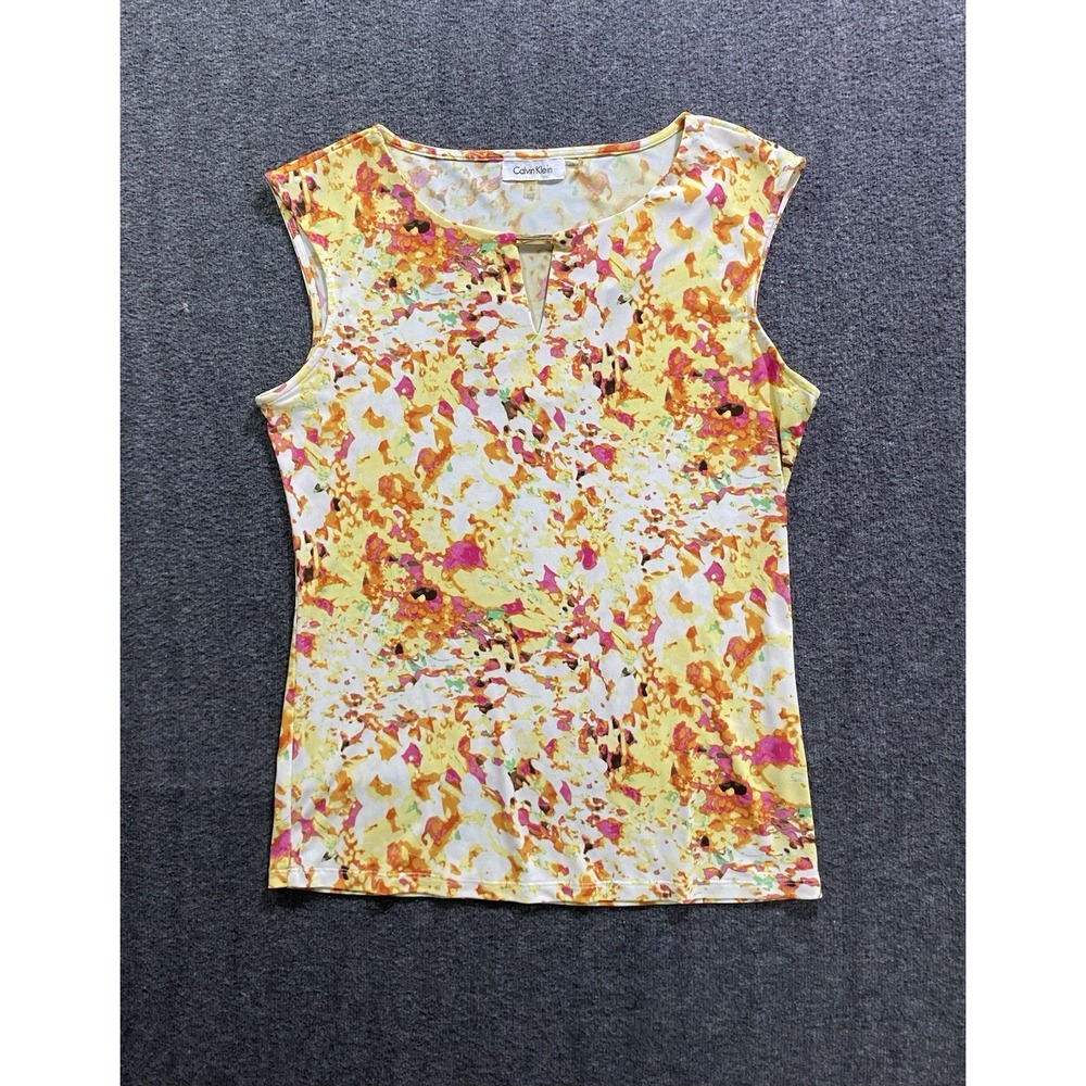 Calvin Klein Yellow, Pink & White Splash Cap-Sleeve Blouse Size S